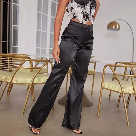 Women High Waist Satin Wide Leg Pants Solid Color Elegant Loose Flared Trousers With Pockets