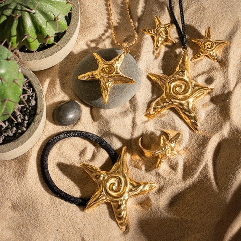 Stainless Steel Starfish Jewelry For Women Gold Plated Sea Star Earrings Necklace Ring Hair Tie Ocean Style Fashion Accessory
