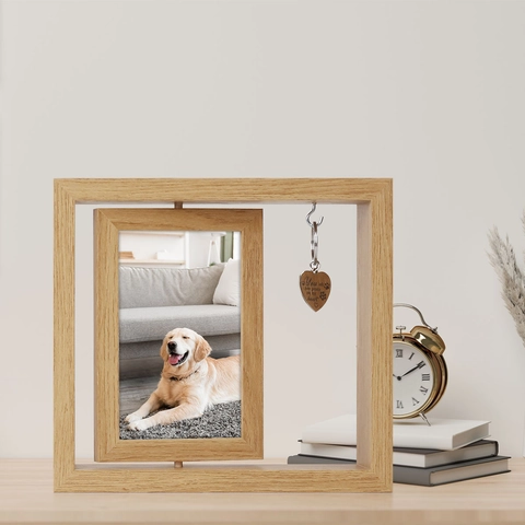 Houten Draaiende Fotolijst Dubbelzijdige Desktop Fotoweergave Met Hart Hanger Huisdier Memorial Woondecoratie