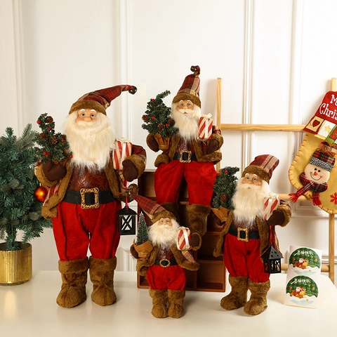 European Retro Santa Claus Ornaments Fabric Plush Standing Sitting Dolls Handheld Tree Gift Lantern For Home Tabletop Decor