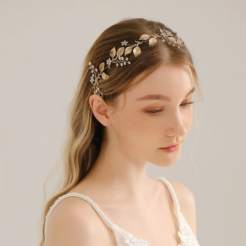 Fascia Sposa Vintage in Lega d'Oro con Foglie e Strass Cerchietto per Capelli Fatto a Mano con Fiori per Matrimonio Donna Elegante