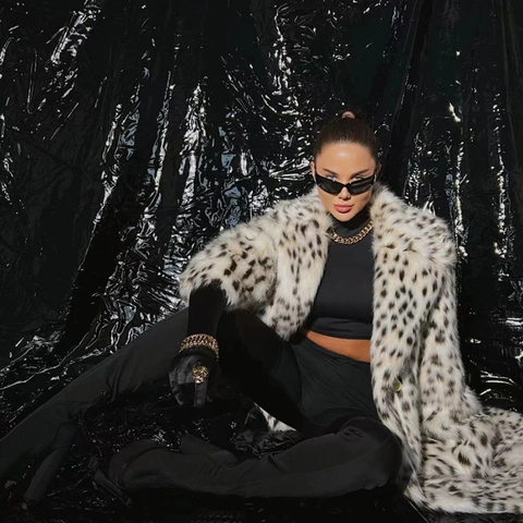 Faux Fur Coat Leopard Print Mid-Length Suit Collar Long Sleeve Warm Winter Outerwear Elegant Belted Overcoat For Women