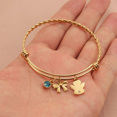 Brazalete De Acero Inoxidable 304 Con Dijes De Ángel Lazo Y Cristal Azul Joyería Ajustable Dulce Para Mujer