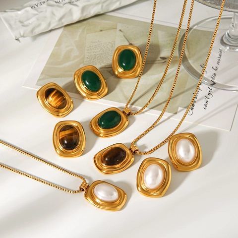 French Vintage Stainless Steel Gold Plated Pendant Necklace With Tiger Eye Artificial Pearl Turquoise Geometric Stud Earrings For Women Jewelry