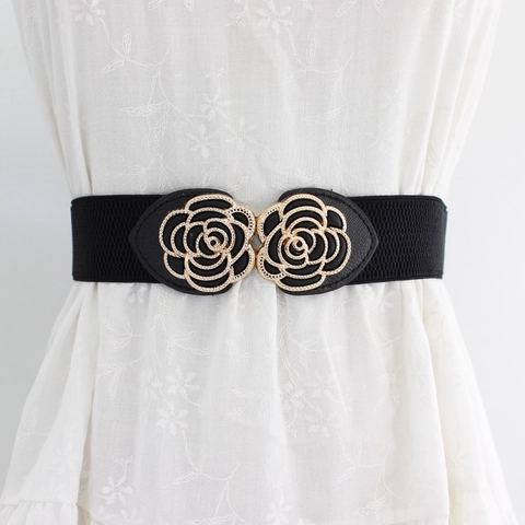 Women Elastic Cinch Belt Rose Flowers Interlocking Alloy Buckle Stretch Waist Seal Decoration For Dresses