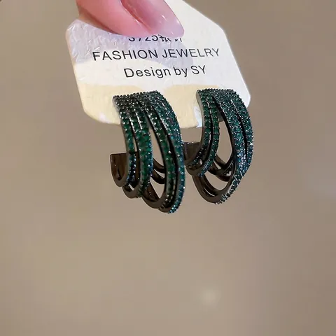 Boucles D Oreilles Créoles Multicouches En Forme De C Zircon Vert Émeraude Base En Cuivre Avec Tige En Argent Sterling 925
