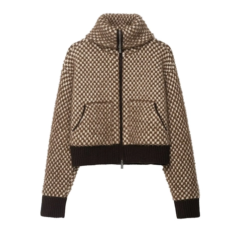 Chaqueta De Punto Para Mujer Con Cremallera Cuello Alto Cárdigan De Felpa A Cuadros Con Bolsillos Ropa De Abrigo Cálida