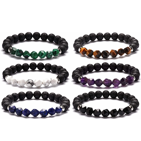 Natural Stone Beaded Bracelet Lava Rock Malachite Tiger Eye Geometric Faceted Gemstone Handmade Unisex Jewelry