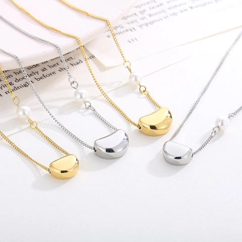 Gioielli Eleganti Con Collana E Bracciale In Acciaio Inossidabile Con Ciondolo A Fagiolo E Perla Artificial Sintetica