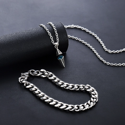 Titanstahl Halskette Und Armband Geometrischer Legierungsanhänger Blauer Edelstein Retro Punk Stil Für Männer