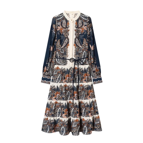 Dames Maxi-Jurk Met Lange Mouwen Paisley Print Boheems Gelaagde Rok Met Tailleriem Vintage Elegant Marineblauw