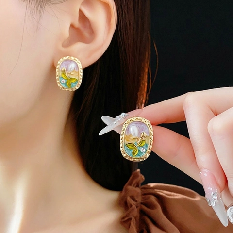 Orecchini A Lobo Con Künstliche Perle E Fiori Ovali Vintage Con Lega Smalto Strass E Perno In Argento Sterling 925 Per Donna