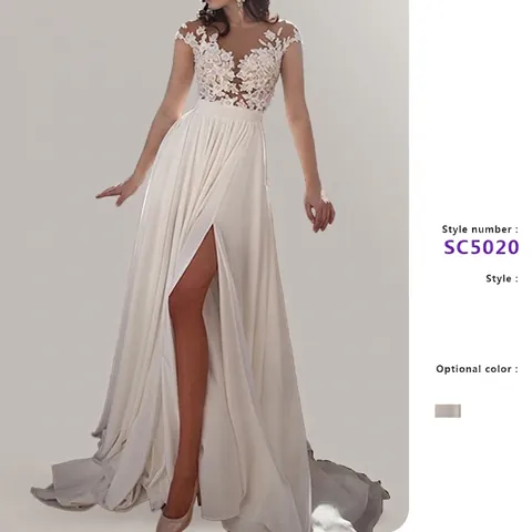 Women Elegant Lace Chiffon Maxi Dress Deep V-Neck Backless High Slit Wedding Gown Sexy Sleeveless White Evening Party Dress