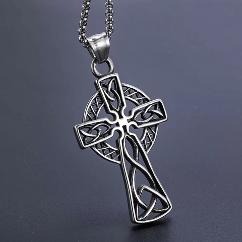 Celtic Cross Pendant Necklace Stainless Steel Vintage Viking Knotwork Totem Religious Streetwear Jewelry For Men Women