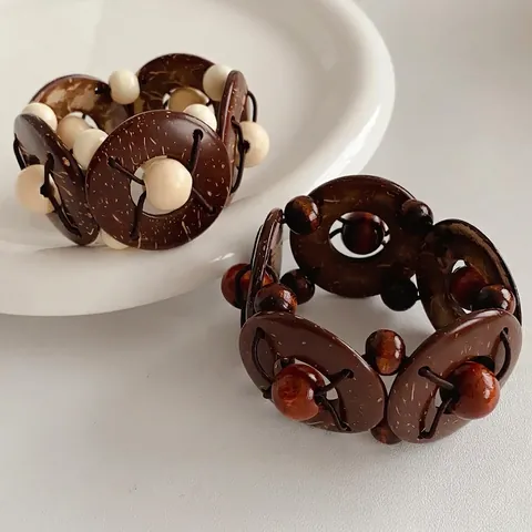 Retro Ethnic Style Elastic Bracelet Coconut Shell Wood Beads Geometric Bohemian Hand Ring Niche Jewelry For Women