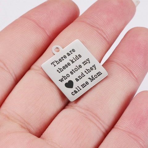 Square Stainless Steel Engraved Pendants Mom Heart Quote For DIY Jewelry Making Mother Day Gift Mirror Polished Charms