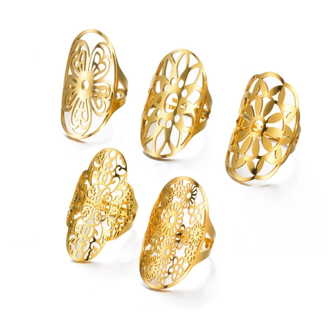 Vintage Stainless Steel Ring Hollow Flower Mandala Pattern Wide Face Bohemian Gold Plated Fashion Jewelry For Women