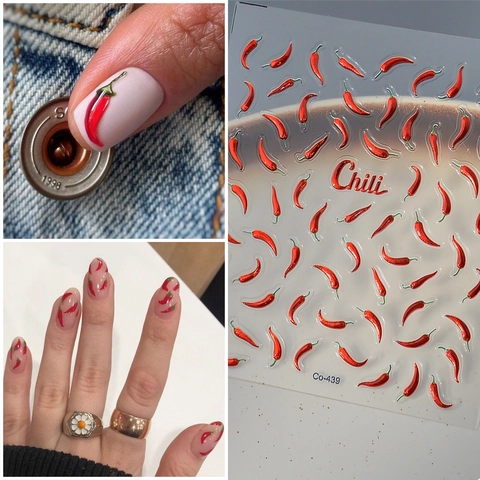 Adesivi Per Unghie In Rilievo 5D Peperoncino Rosso 3D Goffrato Impermeabile Decalcomanie Decorative Per Manicure