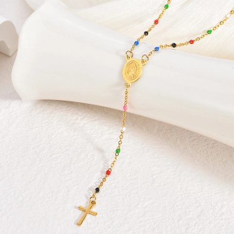 Rosary Necklace Stainless Steel 18K Gold Plated Colorful Beads Virgin Mary Medal Cross Pendant Religious Jewelry