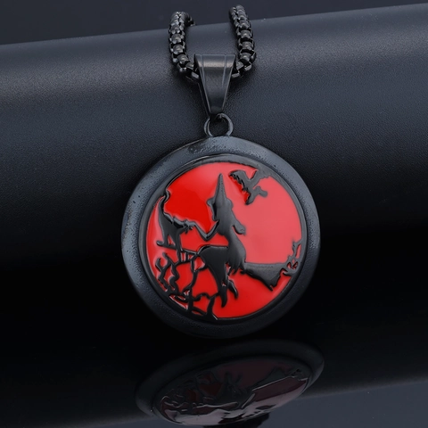 Halloween Sorcière Chauve-Souris Rond Pendentif Collier Acier Inoxydable Émail Rouge Gothique Punk Bijoux