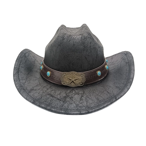 Western Cowboy Hat Vintage Cracked Texture Wide Brim Fedora With Star Buckle Leather Band And Turquoise Beads