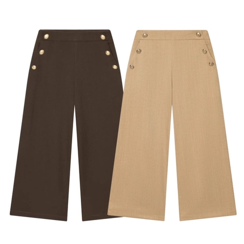 High Waisted Wide Leg Pants For Women Polyester Solid Color With Gold Buttons Navy Style Casual Elegant Trousers