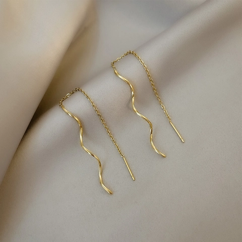Pendientes De Rosca De Ola Minimalistas Acero De Titanio Cadena Larga Borla Joyería Elegante Para Mujer Moda Tendencia