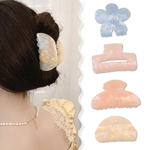 Iridescent Hair Claw Clip For Women Acrylic Resin Shell Texture Shark Clip Geometric Square Flower Rectangle Shape Non Slip