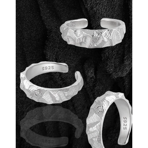 S925 Sterling Silver Open Ring For Men Women Minimalist Hammered Hammered Texture Rock Grain Adjustable Finger Ring Jewelry