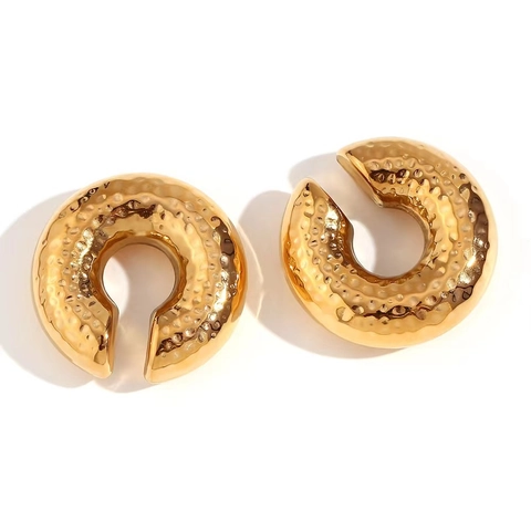Hammered Texture Chunky C-Shaped Hoop Earrings 18K Gold Plated Stainless Steel Hollow Geometric Retro Ear Cuff For Women