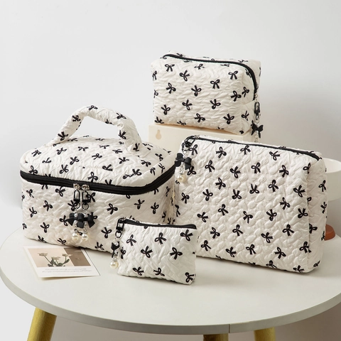 Bowknot Quilted Makeup Bag Toiletry Travel Cosmetic Organizer Large Capacity Portable Polyester Women Bag