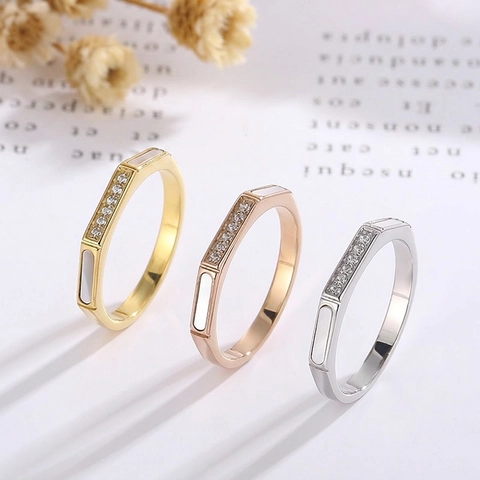 Anello Geometrico Ottagonale in Acciaio Inossidabile per Donna Con Intarsio in Conchiglia e Strass Gioielli Minimalisti