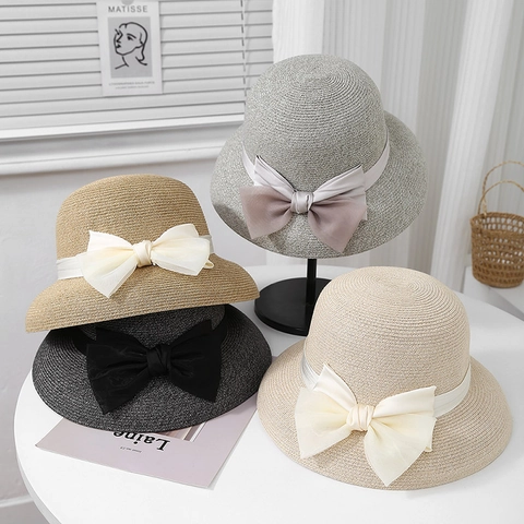 Women Straw Sun Hat Big Brim UV Protection Summer Beach Bucket Hat With Satin Ribbon Bow Breathable Foldable
