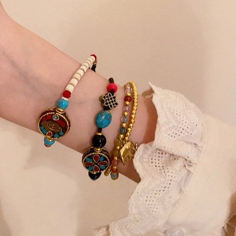 New Chinese Style Seed Beaded Bracelet Woven Rope Ethnic Natural Stone Ceramic Alloy Bell Pendant Retro Jewelry Women