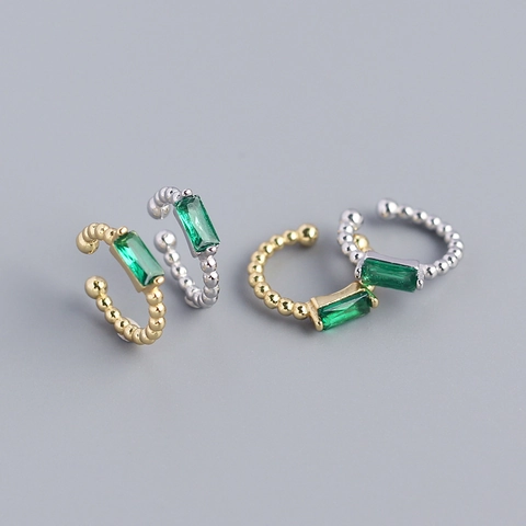 925 Sterling Silver Ear Cuff Emerald Green Zircon Non Piercing Beaded Texture Minimalist Jewelry For Women