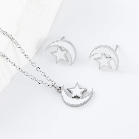 Ensemble de Bijoux Étoile Lune en Acier Inoxydable pour Femme Émail Croissant de Lune Pentagramme Pendentif Collier Et Boucles d'Oreilles Accessoires de Mode