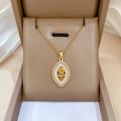 Collana Con Pendente Fiore Di Rosa Catena In Acciaio Inossidabile Con Madreperla Bianca Zirconia Gioielli Di Lusso Donna