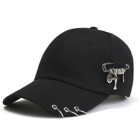 Gorra de Béisbol de Algodón Estilo Callejero Con Anillos de Metal Y Colgante de Alfiler de Seguridad Moda Punk Hip Hop Ajustable
