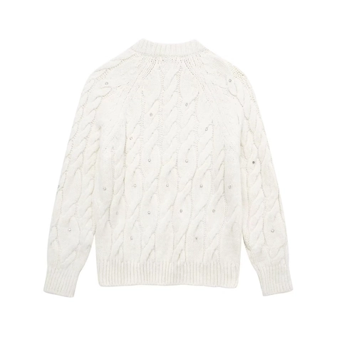 Damen Zopfstrickpullover Langarm Rundhalsausschnitt Mit Strass Verziert Weich Warm Strickpullover Jumper Top Weiß