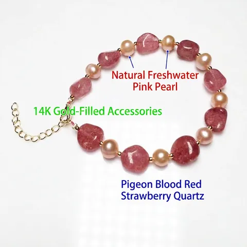 Natürliche Taubenblut Rote Erdbeerquarz Süßwasserperle Armband Für Damen 14K Vergoldet Handgefertigte Perlen Schmuck