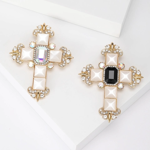 Spilla a Croce in Lega d'Oro Stile Barocco Vintage Con Strass Neri AB e Perla Artificiale per Gioielli da Cappotto Donna