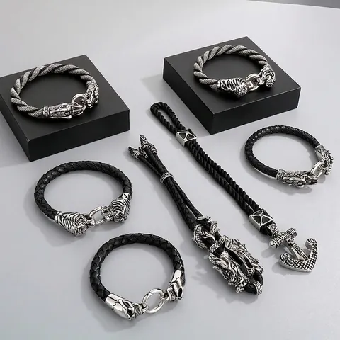 Drache Tiger Kopf Anker Herren Armband Geflochtenes Lederband Titanstahl Punk Retro Gothic Biker Schmuck Accessoire