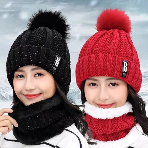 Berretto Invernale Da Donna E Sciarpa Collo In Maglia Foderato In Pile Ispessito Pom Pom Caldo Esterno