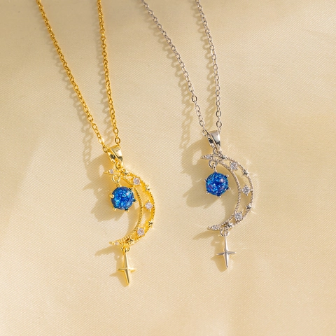 Collar de Colgante de Luna y Estrella Azul de Acero de Titanio para Mujer Lujo Ligero Strass Incrustado Color Oro Plata Joyería de Cadena