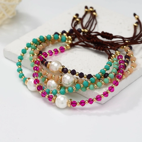 Bohemian Beaded Bracelets For Women Faceted Crystal Imitation Artificial Pearl Alloy Adjustable Stackable Fashion Jewelry