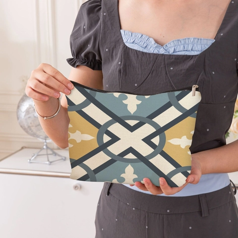 Borsa Da Trucco Con Motivo Geometrico Lino Beauty Case Portatile Per Donna Viaggio Organizer Con Cerniera