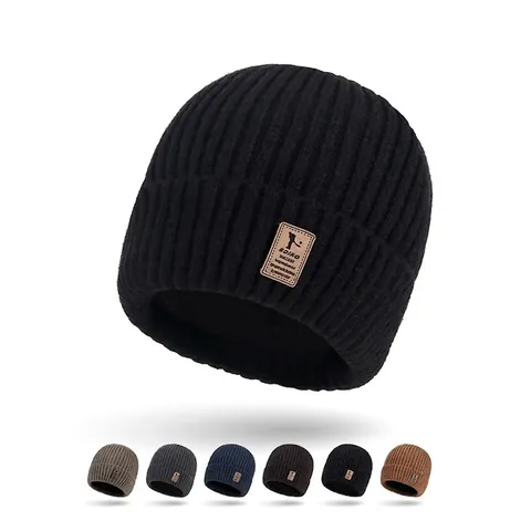 Men Women Winter Beanie Hat Warm Knitted Ribbed Cuff Cap With Fleece Lining And Leather Patch Solid Color Fashion