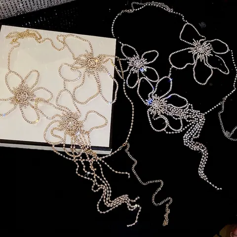 Funkelnde Strass Blumen Schmetterling Körperkette Lange Quasten Fransen Brustschmuck Für Damen Party Clubwear