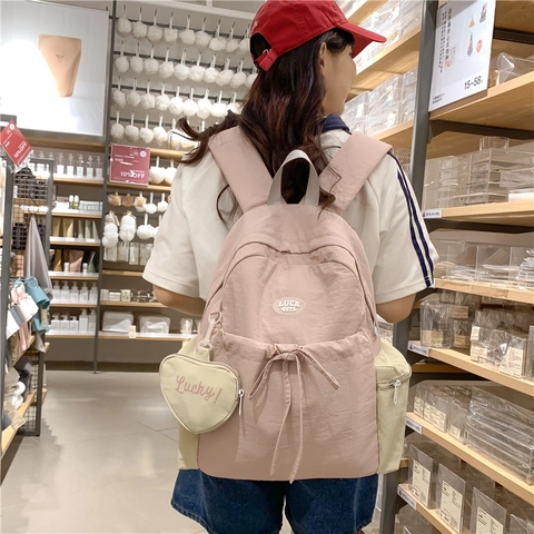 Korean Style Waterproof Nylon Backpack Color Block Design Heart Pendant Multi Pocket School Campus Casual For Women Girls Trendy