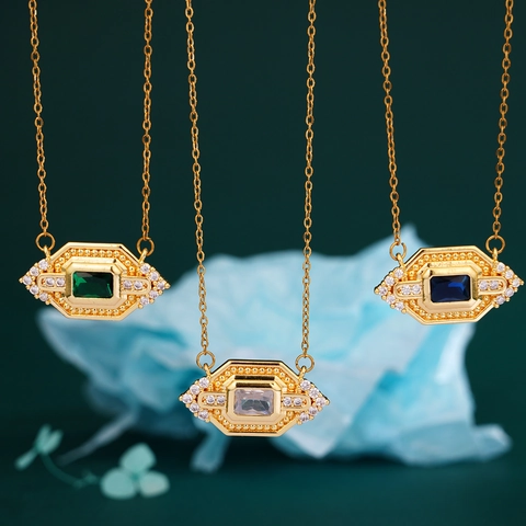 Vintage Geometric Copper Rhinestone Pendant Necklace For Women Retro Art Deco Gold Plated Jewelry Emerald Blue Stone Accessory
